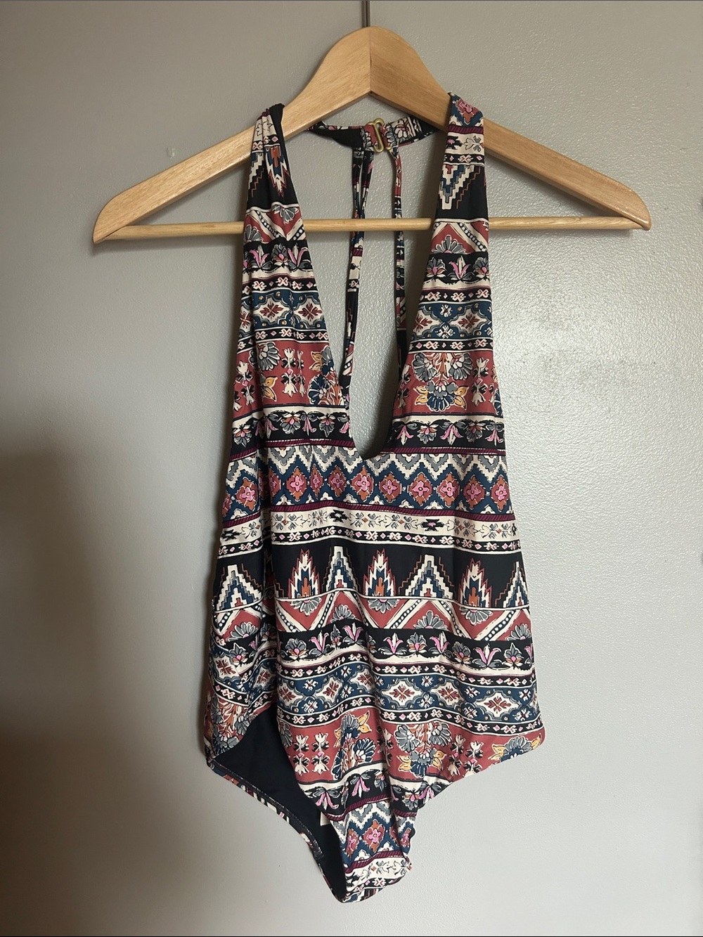 Billabong Boho Halter one piece bathing suit in Black, Rust & Cream